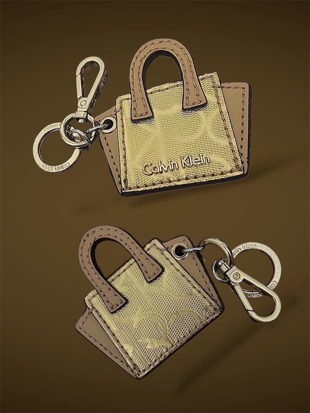Calvin Klein Gold Tone Tan Monogram Mini Tote Bag Keychain Charm Luxury Fob